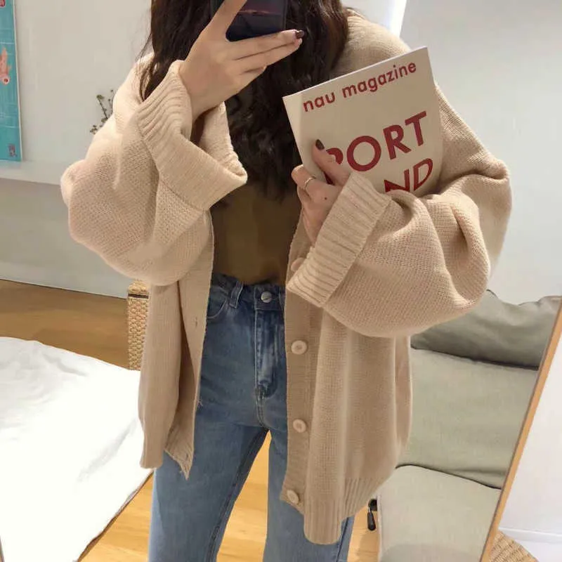 Cardigan Women Full Sleeve V-neck Solid Button Oversize Retro Lazy Students Korean Style Fashion All-match Simple Sweater Female 211011