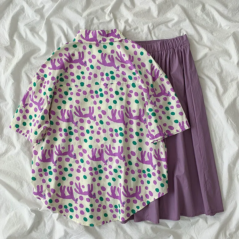 Kimutomo två stycken set sommar polka dot skriva ut kortärmad breasted blus + hög midja solid a-line kjol kostym kvinna 210521