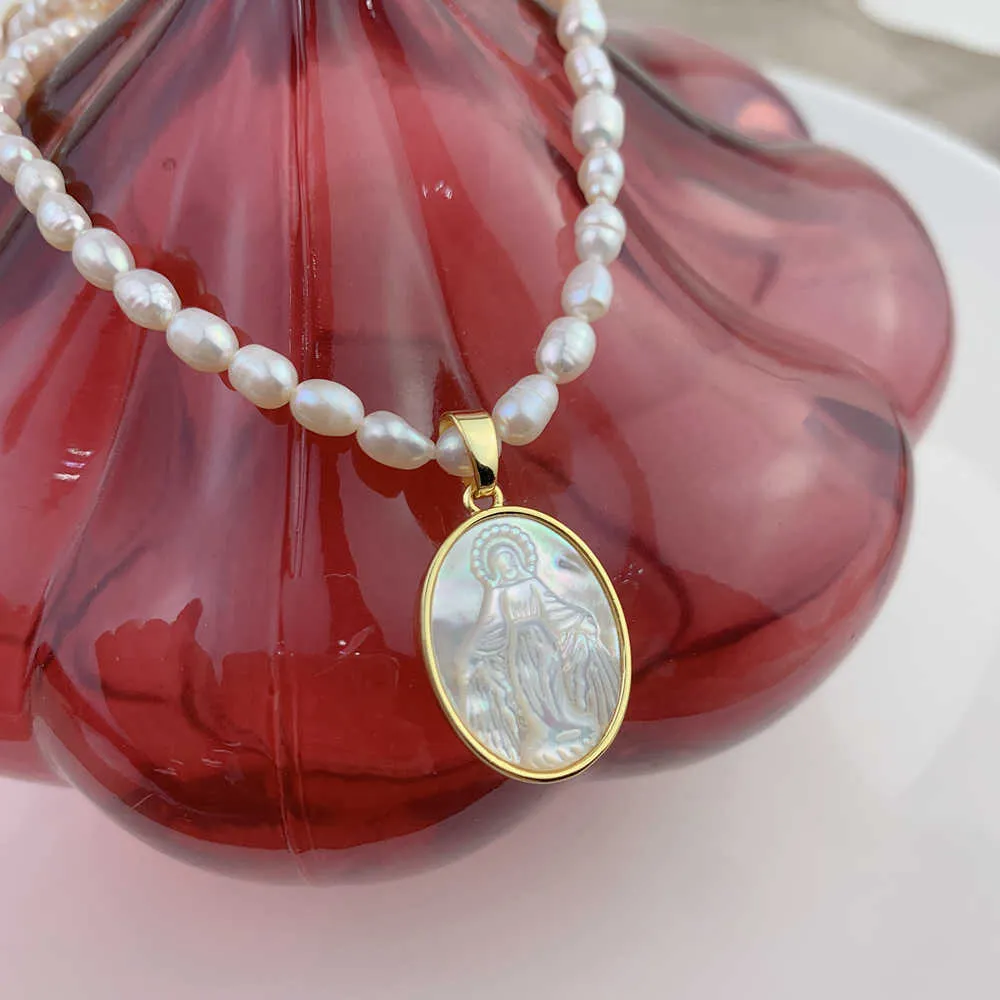 Colliers de perles d'eau douce pour femmes, coquille de vadrouille naturelle, sainte vierge marie Guadalupe, pendentif de médaille religieuse 210929246v