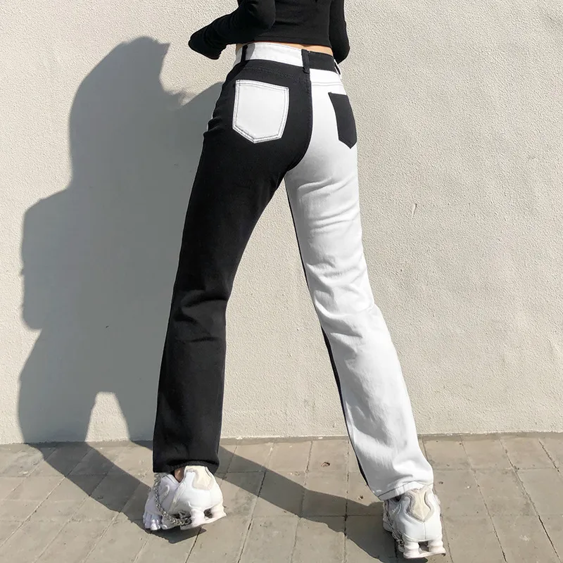 ファッションブラックホワイトスプライシングジーンズポケットズボンカジュアルスリムコントラストカラーデニムジャンハイウエストストレートパンツ女性210517