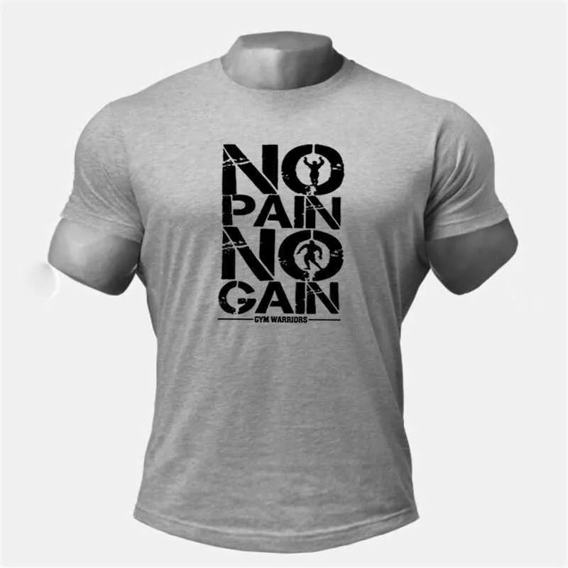 Gymkläder Bodybuilding Fitness Men T Shirt Workout No Pain Gain Cotton Short Sleeve Tshirt Sportkläder Tee Homme 210629