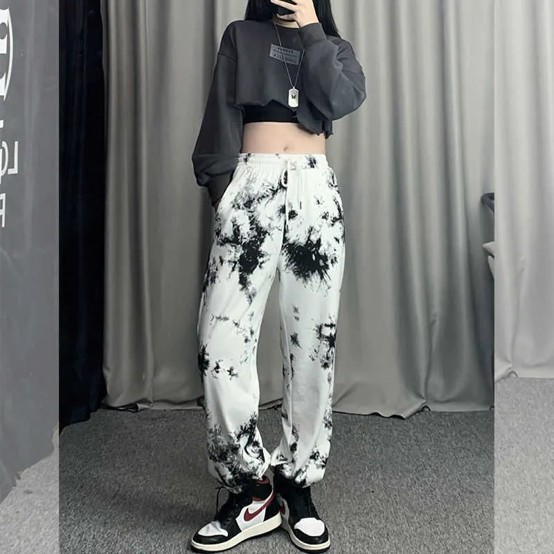 QWEEK Tie Dye Sports Pants for Women Harajuku Goth Baggy Joggers Autumn Loose Trousers Oversize White Jogging Sweatpants 210925