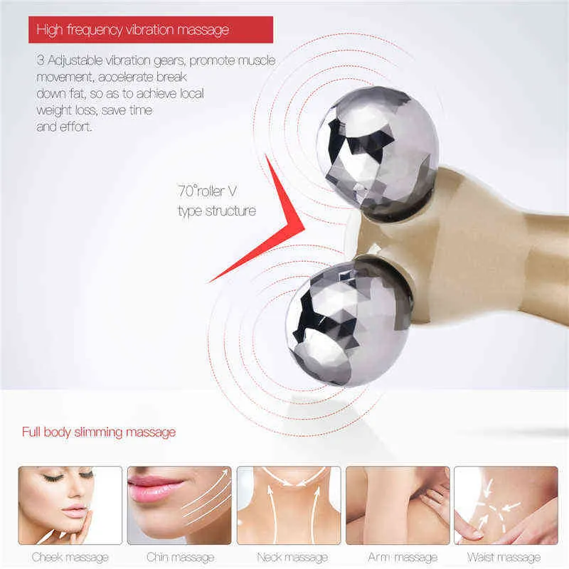 CkeyiN 3D V Face Roller Ball Vibración Levantamiento Reafirmante Cuerpo Adelgazante Eliminación de arrugas Pulso Masaje Dispositivo de belleza de la piel 48 220114