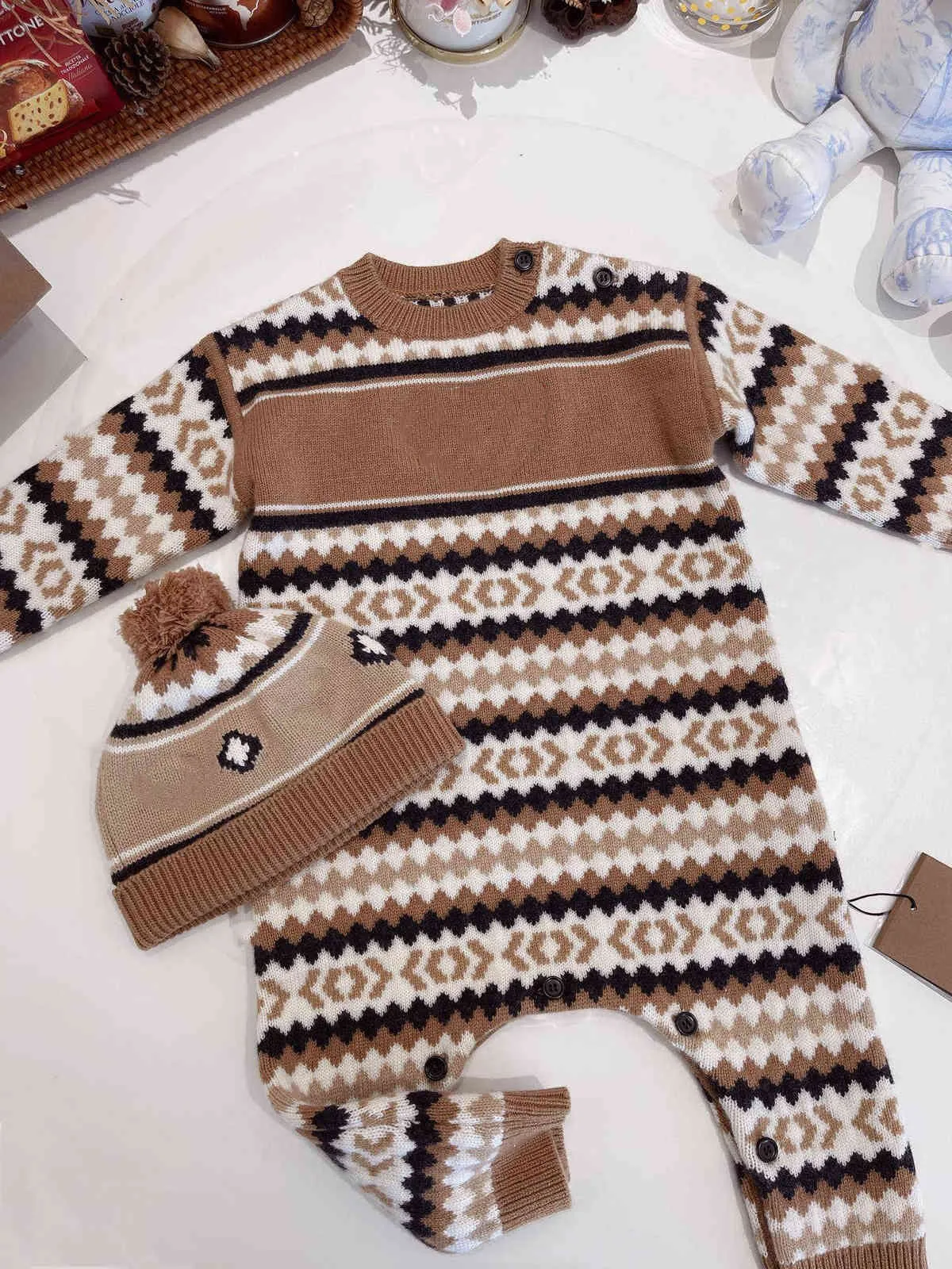 Infant baby rompers winter newborn boy knitted jumpsuit with hat outfits cute children girl warm outwear overalls