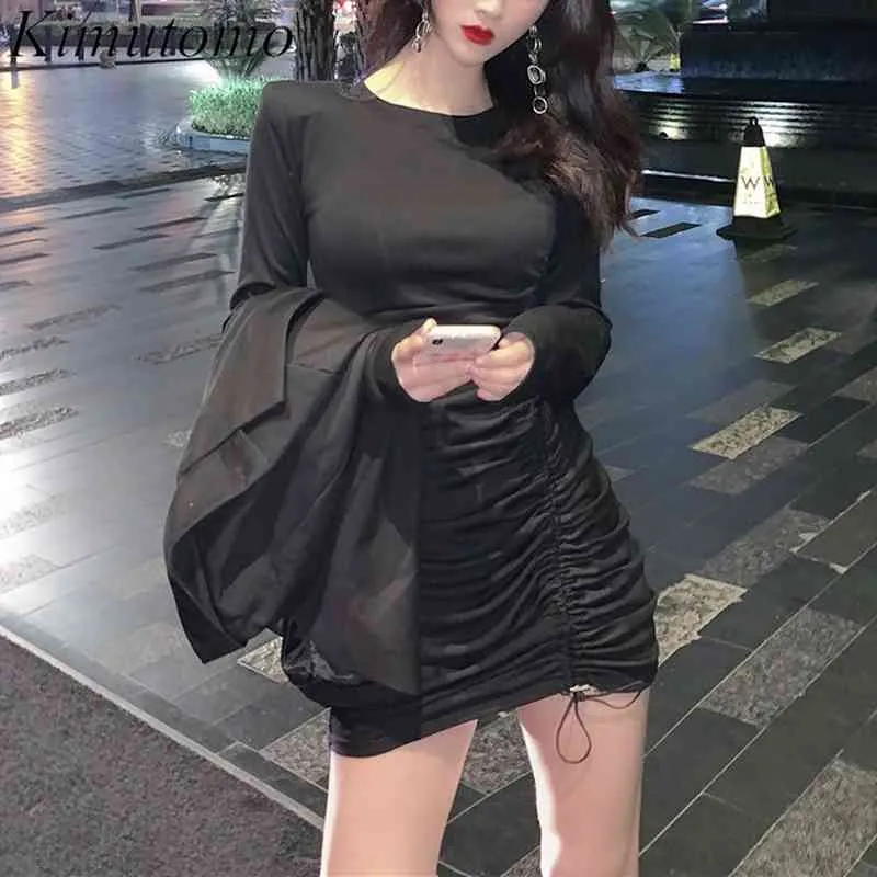 Kimutomo Spring Dresses Women Hong Kong Style O-neck Long Sleeve Drawstring Slim Waist Mini Vestidos Elegant Korea Chic 210521