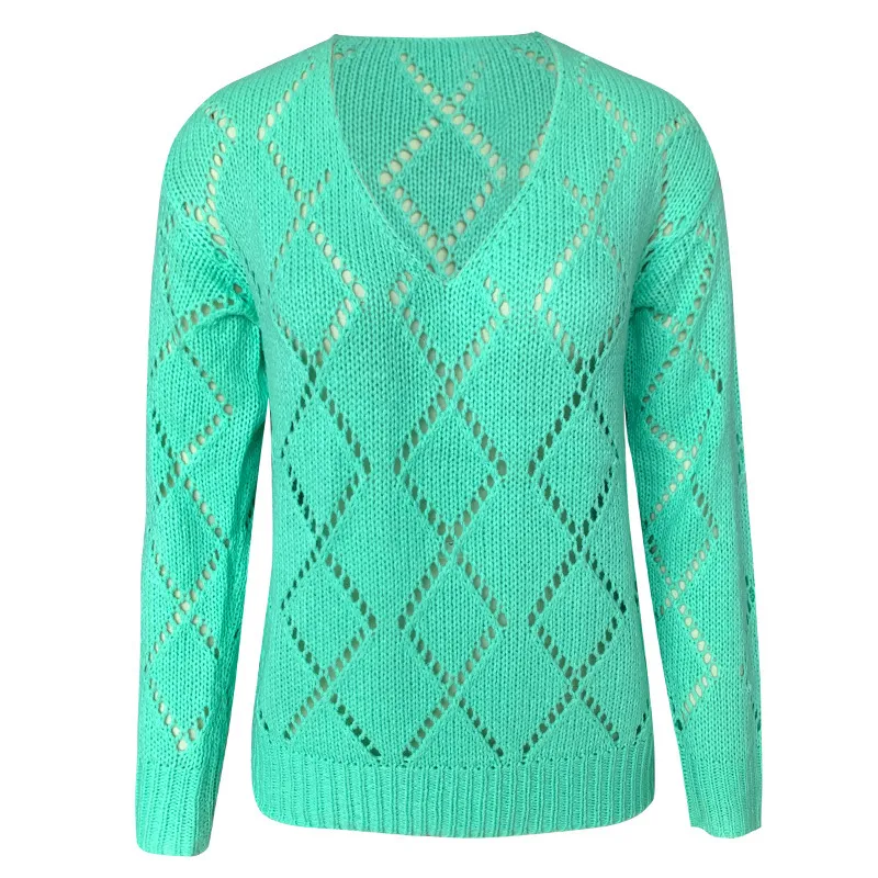 Women's Pullovers knitted sweaters Autumn and Winter V-neck Casual Diamond-Shaped Hollow Sweater For women jumper vintage 210514