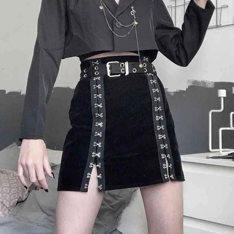 Koreansk stil klubb sexig svart mini kjol tjejer sommar corduroy tight hög midja kort kjol punk metall knappar skink kjol x0428