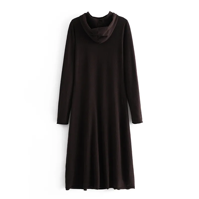 Col haut avec capuche longue robe tricotée automne hiver a-ligne manches Jersey pull dames lâche décontracté es 210519