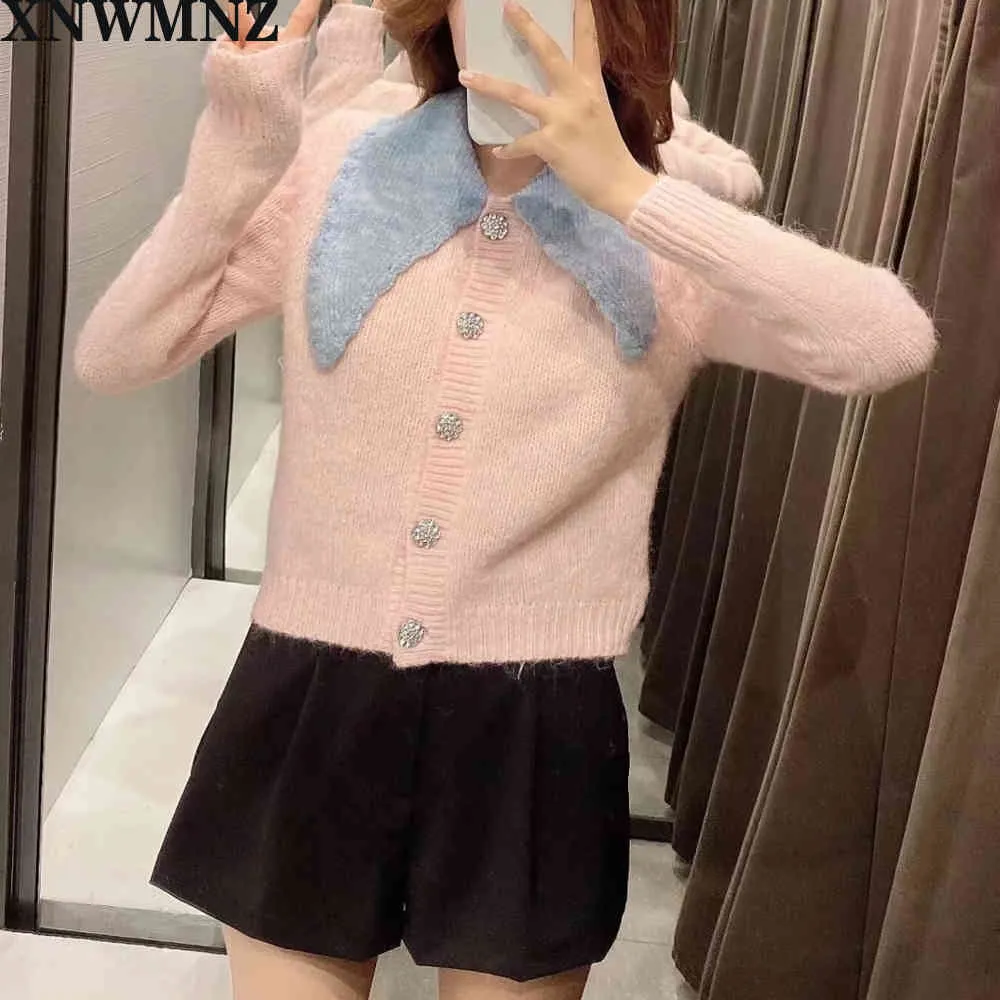 Women Sweet Fashion Gem Button Cropped Knitted Cardigan Sweater Vintage Long Sleeve Female Outerwear Chic Tops 210520