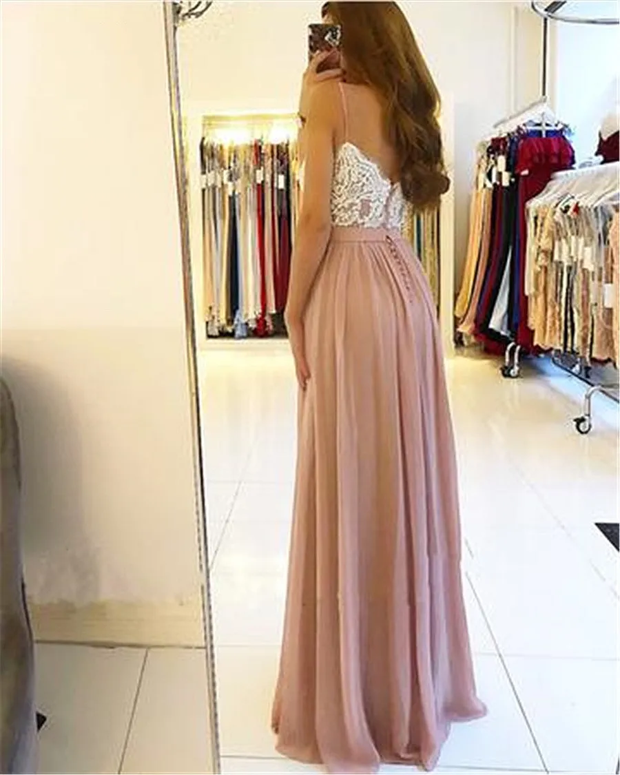 2021 Blush Pink Long Bridesmaid Dresses High Side Split Spaghetti A-Line Appliques Chiffon Wedding Guest Dress Prom Party Gowns288A