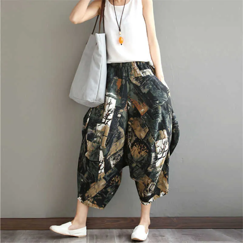 Boho Sarouel Cotton Linnen Wide Been Crop Brood Boheemse Print Oversized Harem Pantalons Casual Bebouwd Broek Q0801