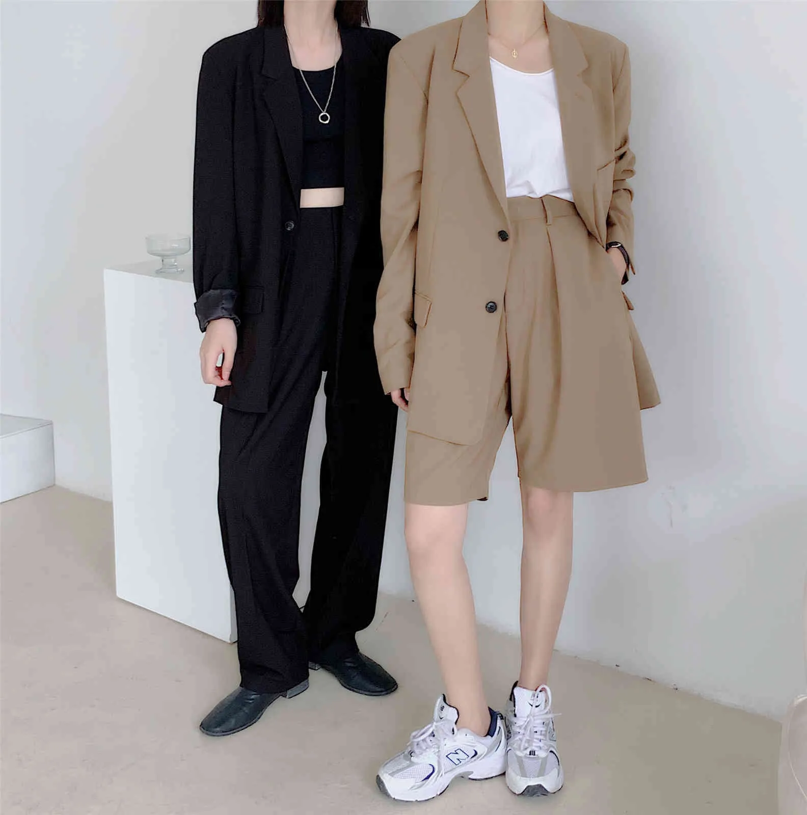 Spring And Summer Loose Women's Office Pants Suit Casual Blazer Wide-Leg Two-Piece Sets Shorts Set Female 210514