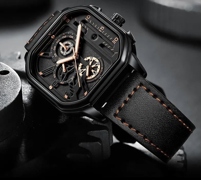 Крутые черные брендовые мужские часы NEKTOM, точные кварцевые часы, кожаный ремешок, светящиеся наручные часы с квадратным циферблатом, 300P