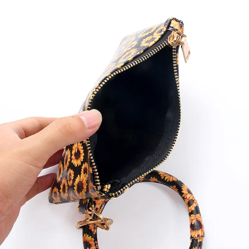 Pu Keychain Coin Racs Bracelet Femme Femme Hands Sac à main en cuir Pendants Penders Dacs à main Leopard Sunflower Print Dames Bag2470