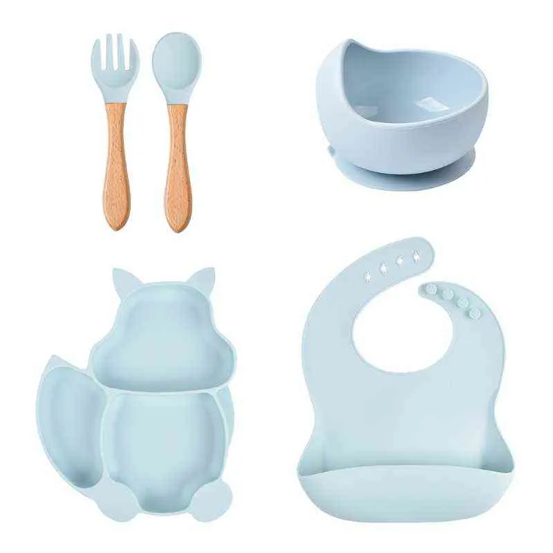 5 pièces bébé vaisselle Kit bavoirs en Silicone écureuil divisé assiette ventouse bol cuillère fourchette ensemble formation alimentation ustensile G1210