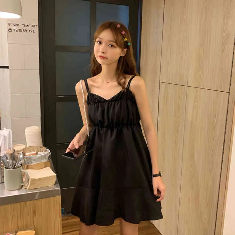 コロバフの新しい到着夏の女性スパゲッティストラップドレス甘いフリルVネックドレス韓国のハイウエストAラインvestidos 210430