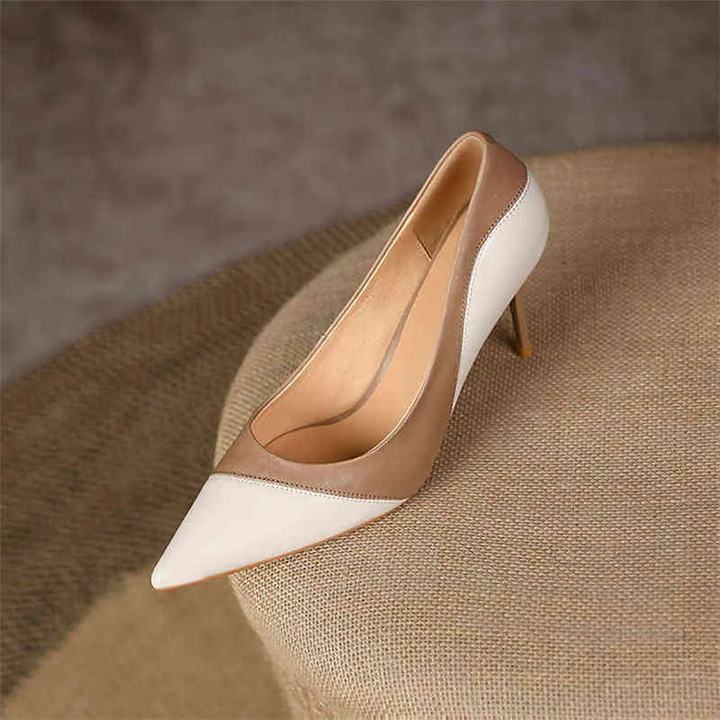 Women Fashion Shoes Genuine Leather Thin Super High Heels Shoes Pointed Toe Party Ladies Footwear Spring Autumn Apricot Y220225