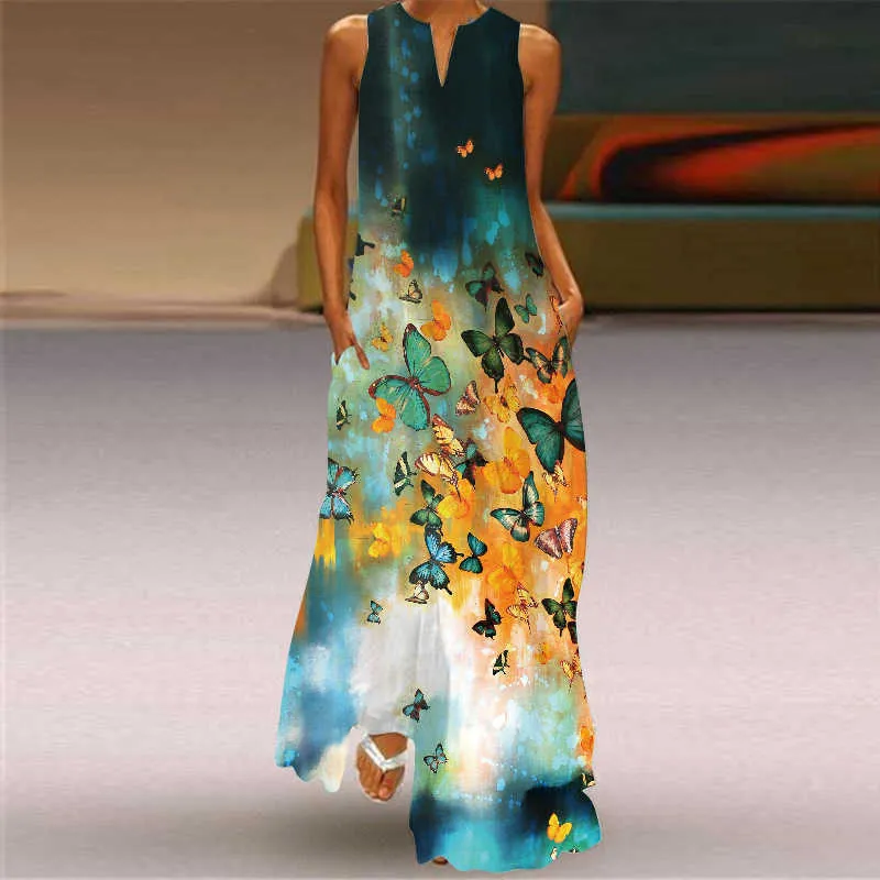 Casual Dresses New Print Summer Sexy Women Butterfly Flower Party V-Neck ärmlös Lång 5xl Maxi Y2302