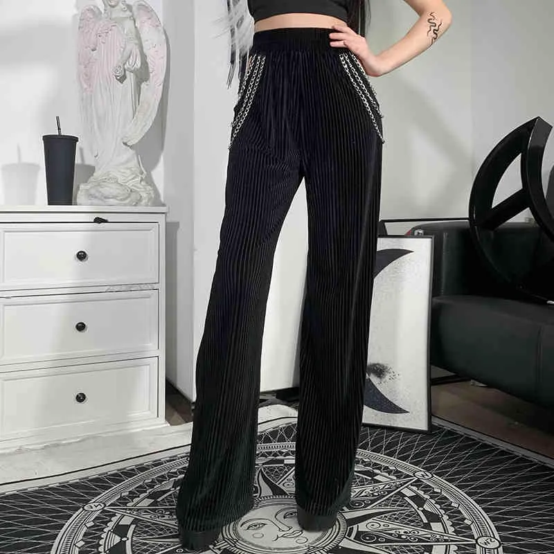 Vêtements gothiques rayé Punk été pantalons femmes noir Vintage évider pantalon Streetwear taille haute jambe large pantalons de survêtement 210517