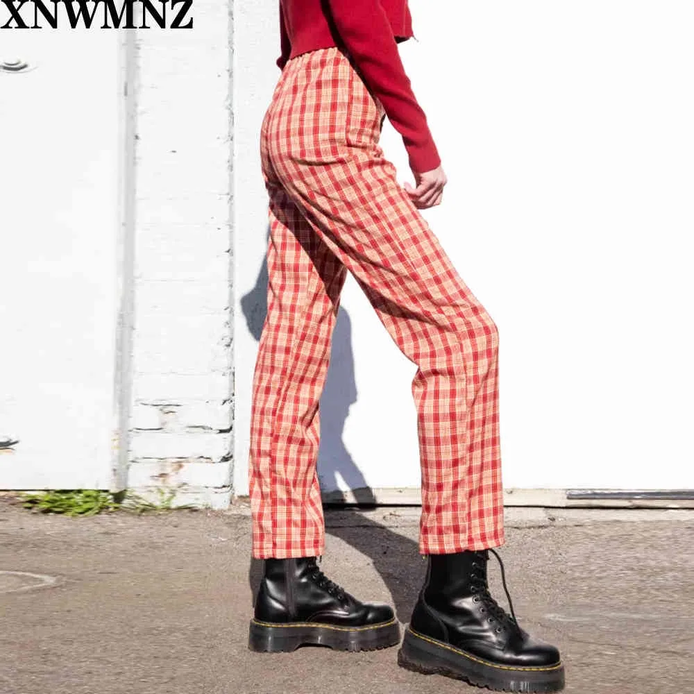 Calças quadriculado vermelho mulher cintura alta perna larga verão xadrez mulheres vertical casual longo 210510