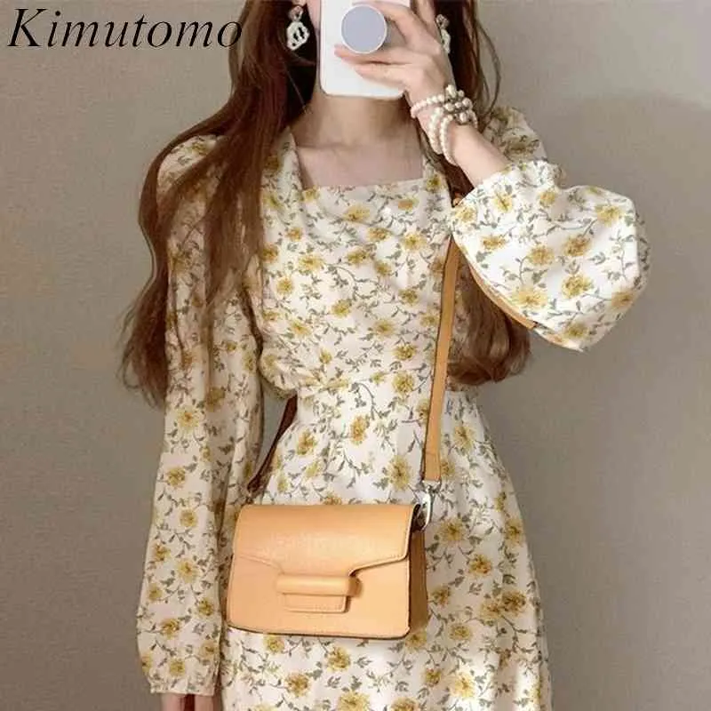 Kimutomo Frühling gelb Blumenkleid Korea Chic Altersreduzierender quadratischer Kragen Langarm Slim Hohe Taille Vestido de Mujer 210521