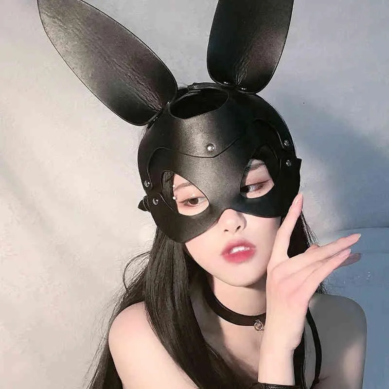 Sexy Harness Rosto Destacável Orelha de Gato Faux Leather Head Mask Fetish Rabbit Girls Cosplay Costumes Men Women Exotic Toys282e