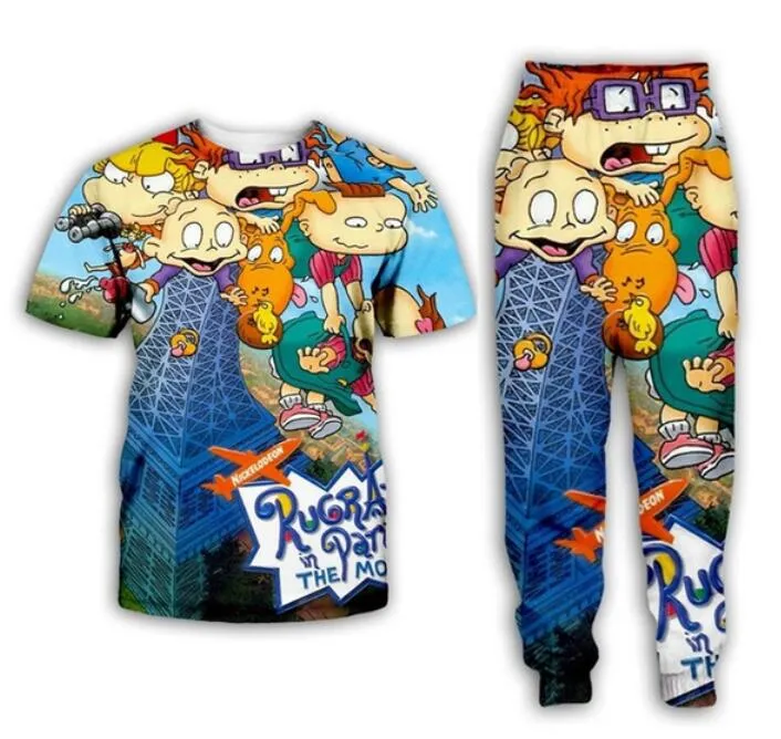 Groothandel - 2022 Nieuwe mode Casual Cartoon 90's 3D All Overdruk Trainingspakken T-shirt + Joggers Broek Pak Dames Mannen @ 010