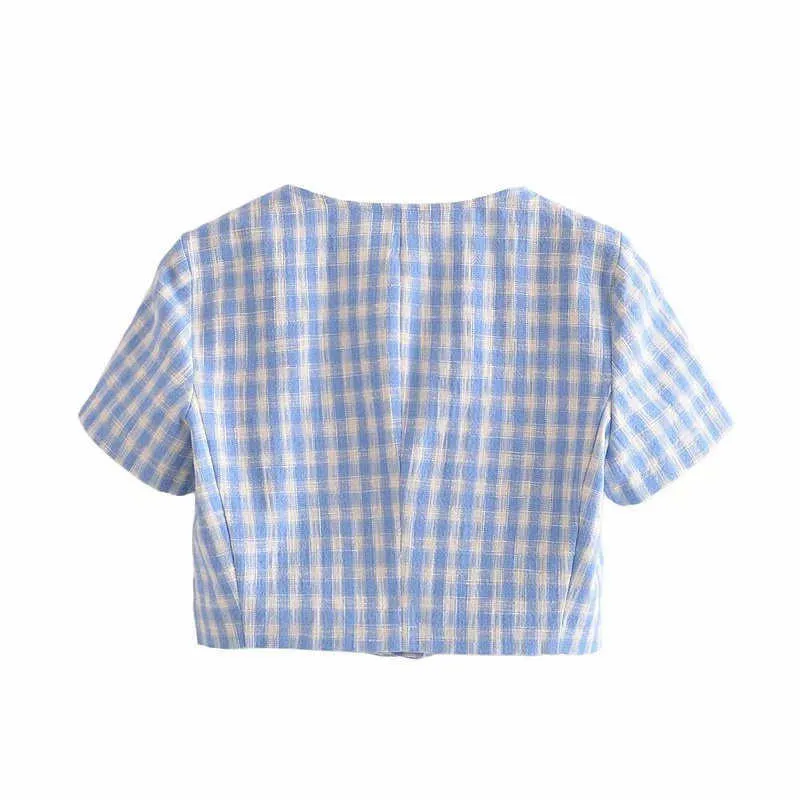 ZA bleu vichy recadrée chemise femmes à manches courtes col carré Vintage haut d'été femme mode bouton Up Plaid Blouse 210602