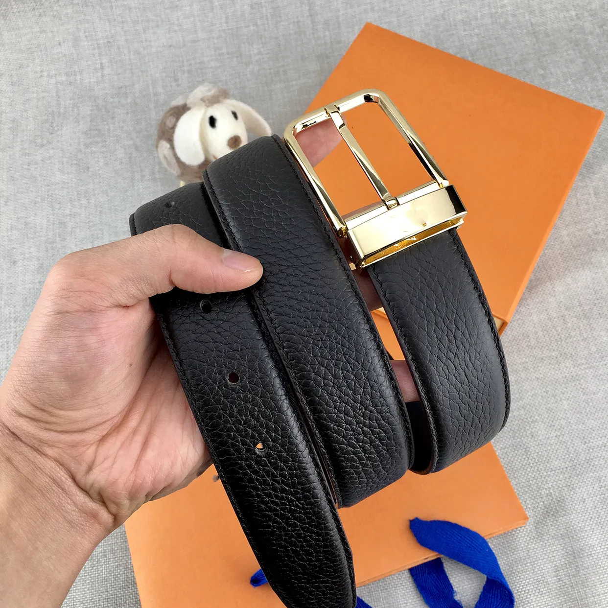 Bälten herr bälte mode män läder svarta företag kvinnor stora guld spänne kvinnor klassisk case ceinture med orange box269p