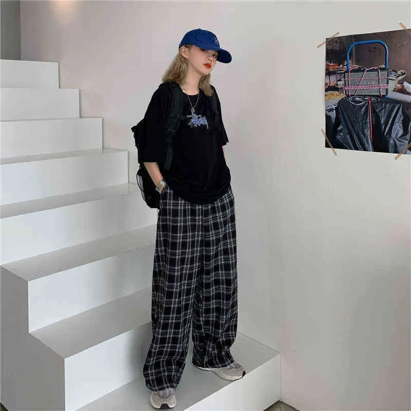 Zoki Autumn Women Plaid Pants Casual Oversize Losse Wide Leg Trouser Retro Tieners Harajuku Plus Size Hip Hop All Match Streetwear 211218