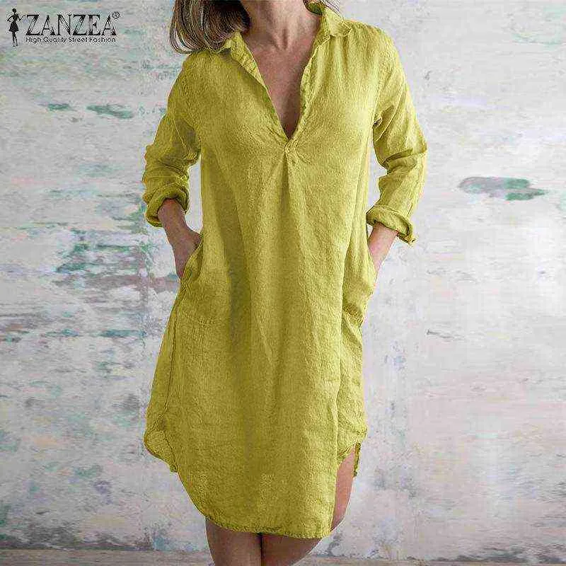 Herbst Elegantes Hemd Kleid Frauen V-ausschnitt Langarm Solide Baumwolle Sommerkleid 2021 ZANZEA Stilvolle Damen OL Arbeit Vestidos Robe femme Y220214