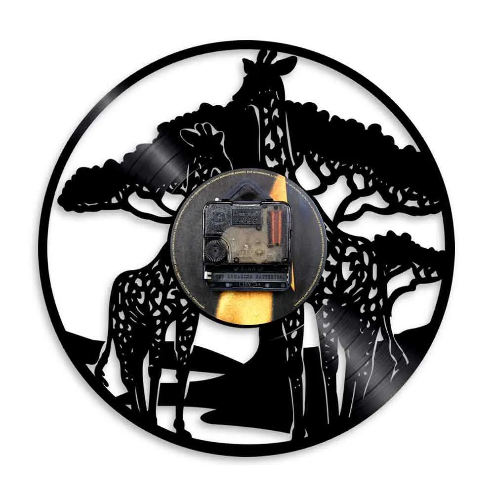 Giraffe Vinyl Record zegar ścienny Nowoczesne kreatywne zoo dekoracyjne zegary czasowe obejrzyj LED Silent Quartz Animal Temat Prezent dla dzieci x072221i