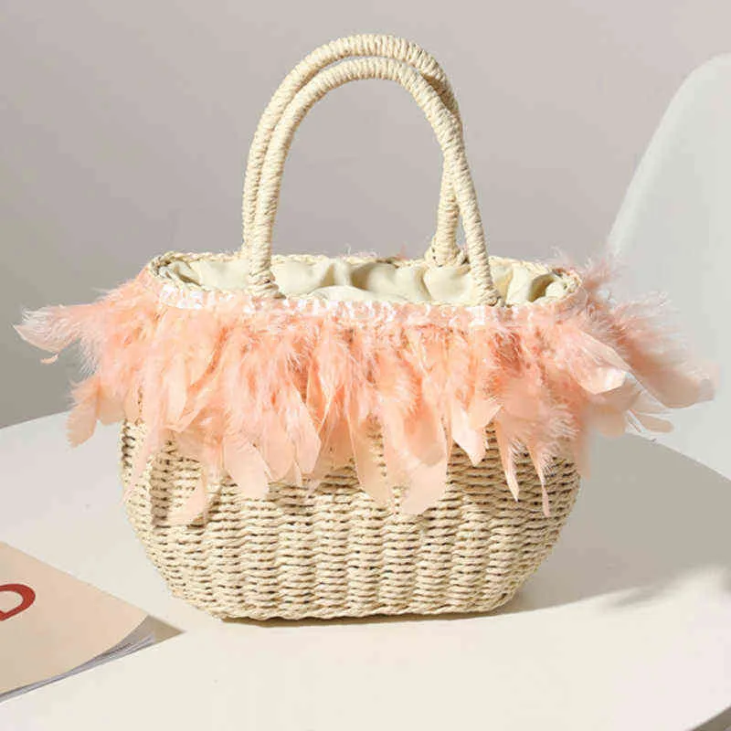 Shoppingkassar Stora Kapacitet Straw Woven Bag Ny Fairy Feather Handväska Sommar Travel Big Tote Lady Bali Shopper Purses 220303