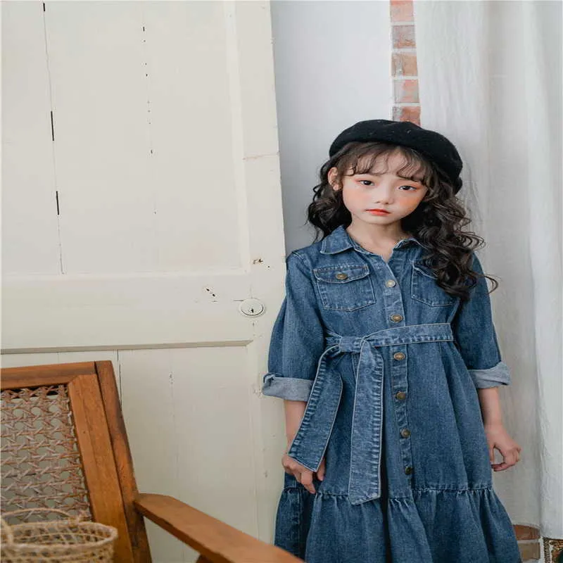 Koreaanse stijl lente meisjes jurk denim lange mouwen met sjerpen jurken kinderen casual kinderkleding E1071 210610