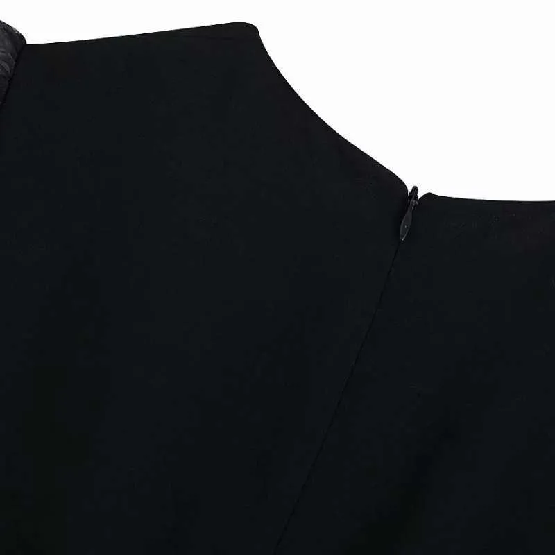 Женщины прозрачный органза слоеный рукав пэчворк черный MIDI платье женское элегантное заднее молния сплит партии Vestidos платья DS2846 210603