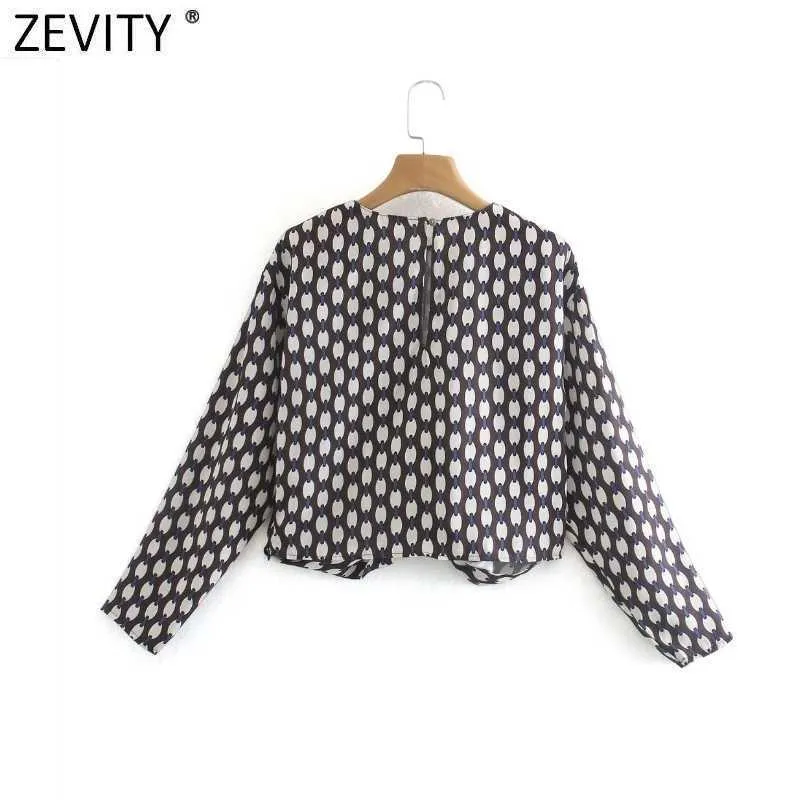Zevity Women Vintage O首の裾の結び隠されたプリントショートブラウスレトロなオフィスレディース長袖ビジネスシャツシックBlusa Tops LS7328 210603