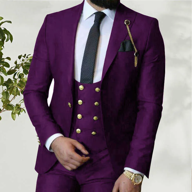 2021 violet hommes Blazer hommes d'affaires Costume avec pantalon Slim Fit mariage costumes pour hommes bal formel veste smoking Costume Homme X0909