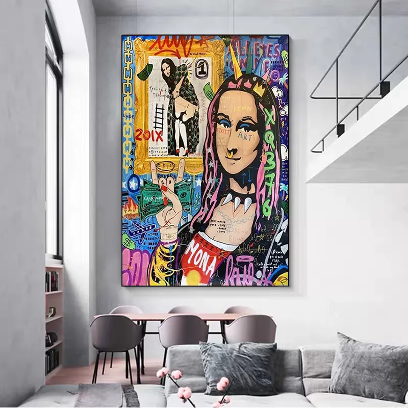 Streszczenie Graffiti Art Placas Paintings Funny Mona Lisa Plakaty i wydruki Słynne zdjęcia sztuki ściennej do salonu wystrój domu Cuad2885786