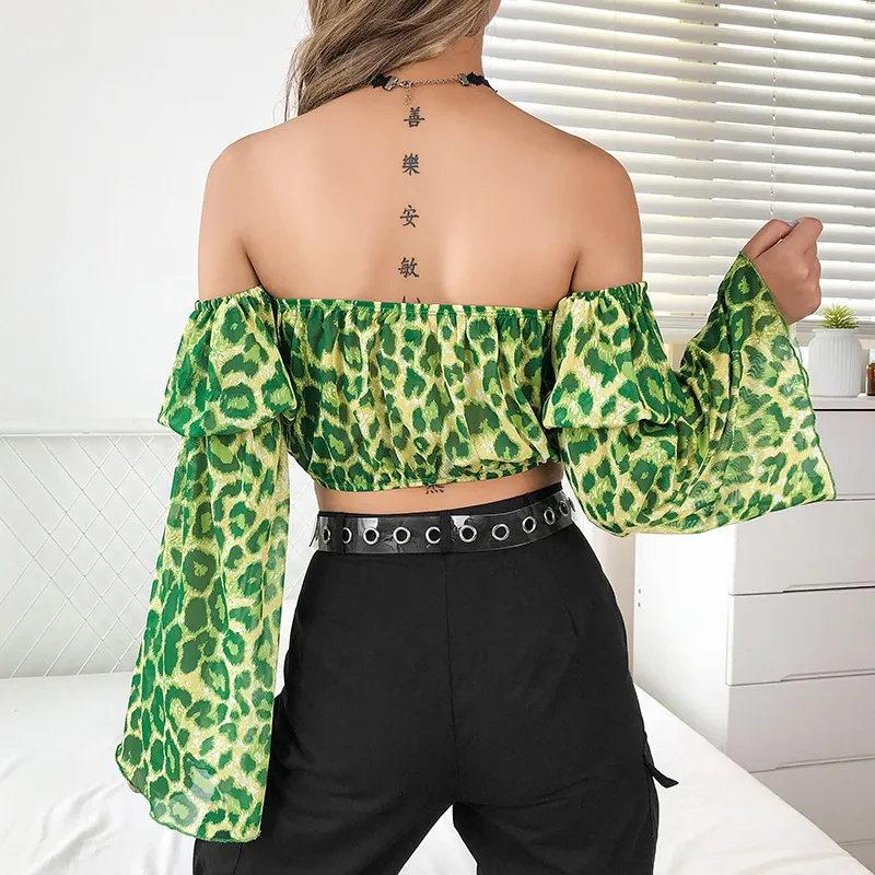 Automne épaules dénudées haut court T-shirts vente à manches longues Nature vert imprimé léopard court T-shirts courts vêtements 210517