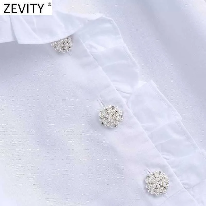 Zeefity Dames Sweet Agaric Lace White Smock Blouse Office Dames Puff Sleeve Diamond Buttons Shirts Chique Blusas Tops LS7709 210603