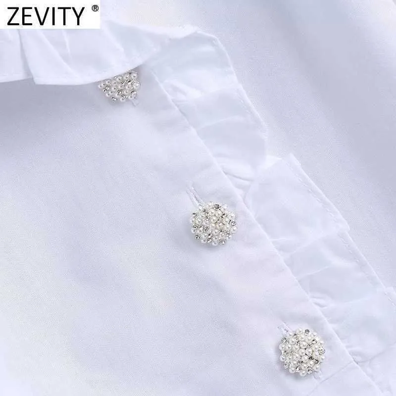 Zevity Donna Dolce Agaric Lace Camicetta grembiule bianca Office Ladies Manica a sbuffo Bottoni con diamanti Camicie Chic Blusas Top LS7709 210603