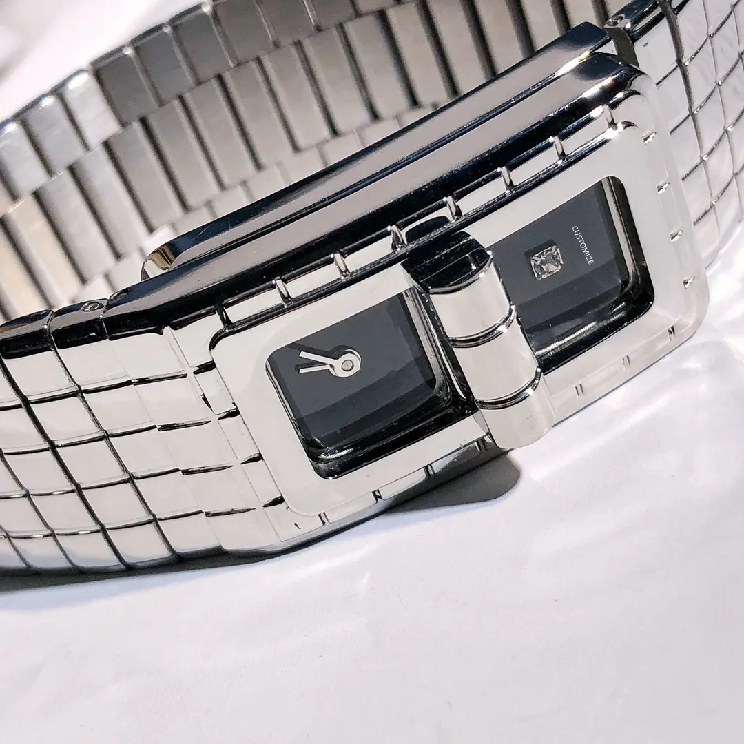Новые кварцевые часы из нержавеющей стали для леди кода наручные часы черный циферблат один бриллиант два квадратных лица часы высокого качества