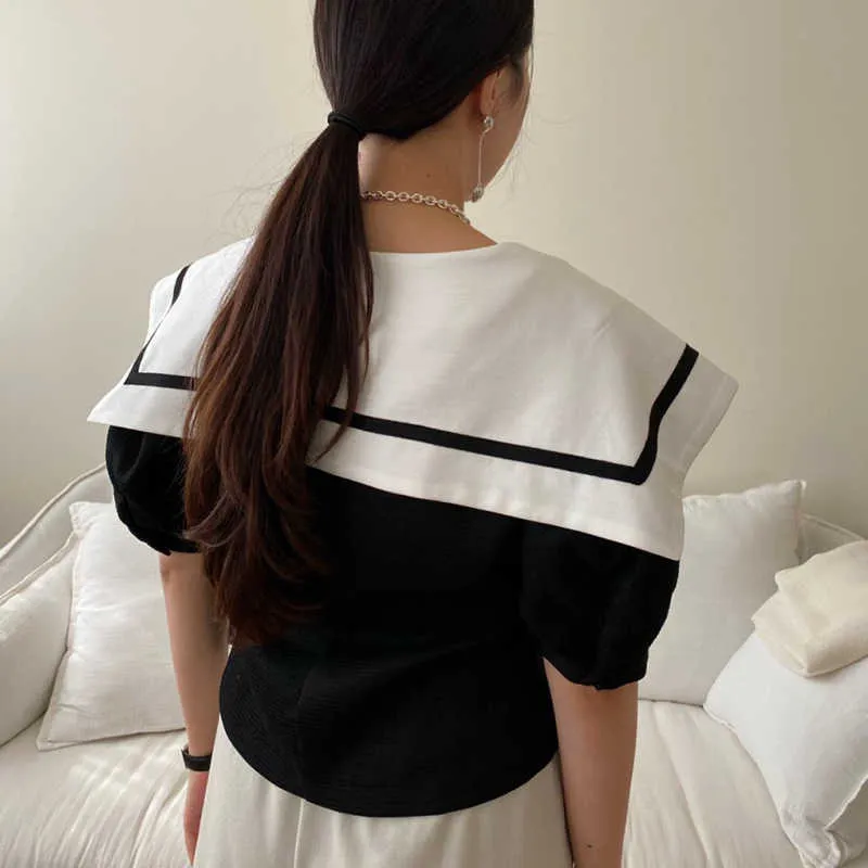 Korejpaa Kvinnor Skjorta Sommar Koreanskt Chic Retro Navy Collar Trim Kontrastfärg Tre Knapp Slim Korta Puff Sleeve Blusar 210526