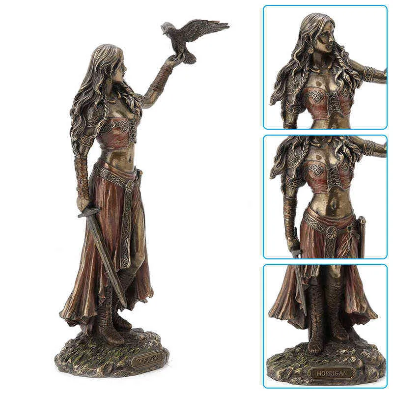 Statue di resina Morrigan La dea celtica della battaglia con la statua del finitura del bronzo della spada di corvo 15 cm la decorazione della casa H1102239F741455