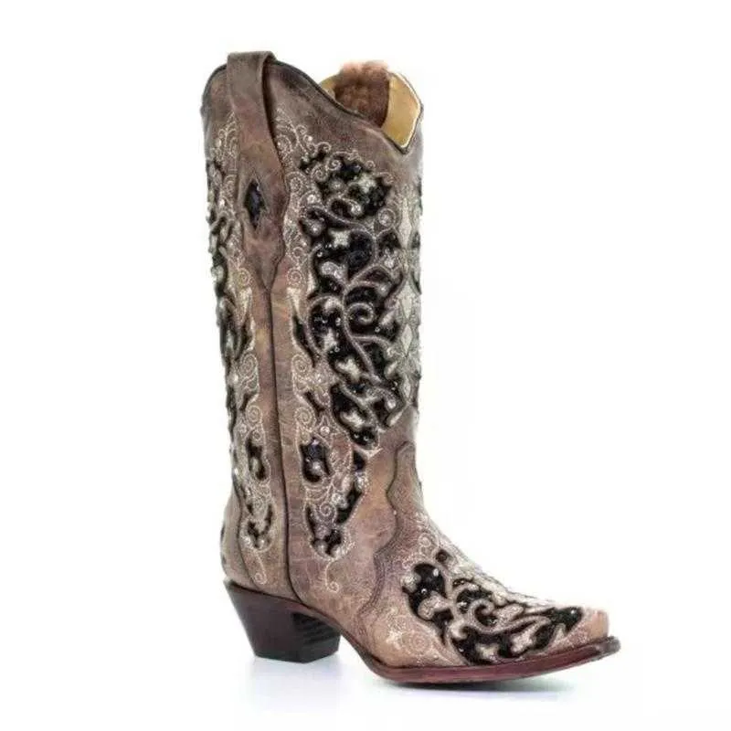 Women Taupe inlaid Western Cowboy Boots European American boots retro fashion thick heel pointed sleeve women XM437 211021