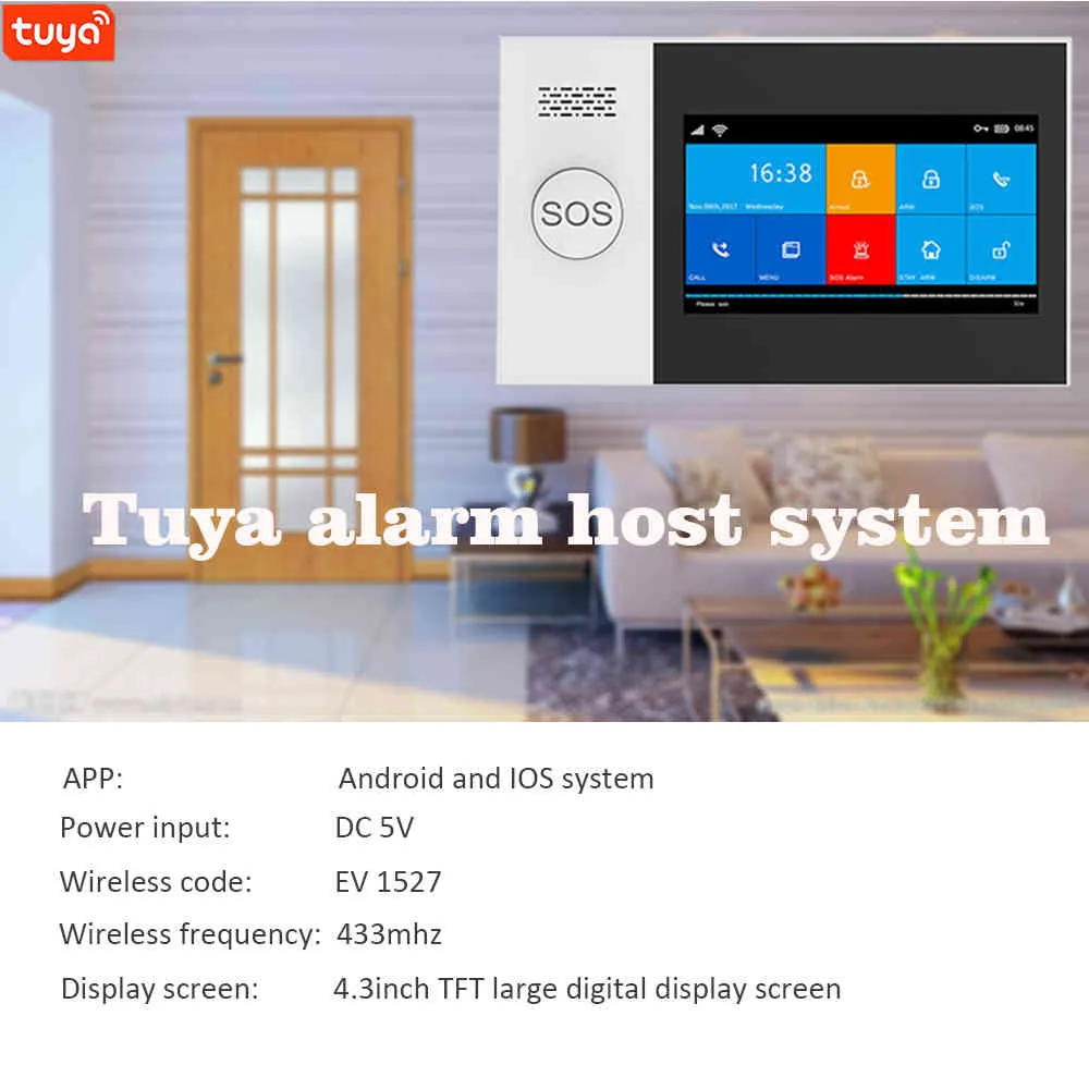 PG-107 Sistema de alarme de Tuya 4,3 polegadas WiFi GSM GPRS Barble Home Segurança com Sensor de Movimento PIP Detector de Fumaça SOBY SOS