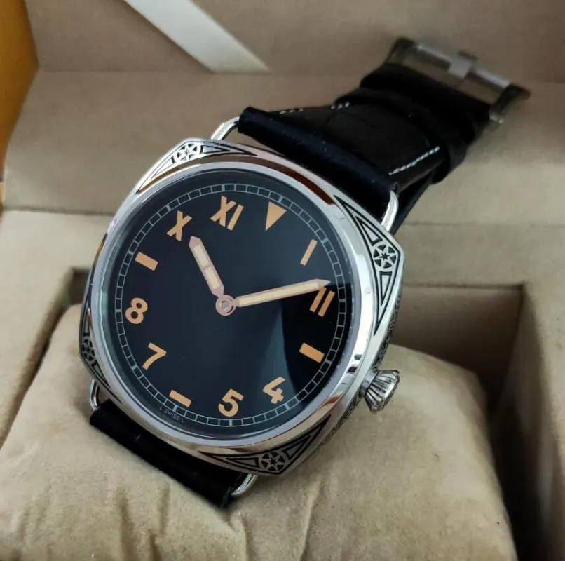 No LOGO 47mm cassa incisa in acciaio inossidabile 316L orologio meccanico manuale da uomo quadrante nero California movimento ST3600 orologio da polso241R