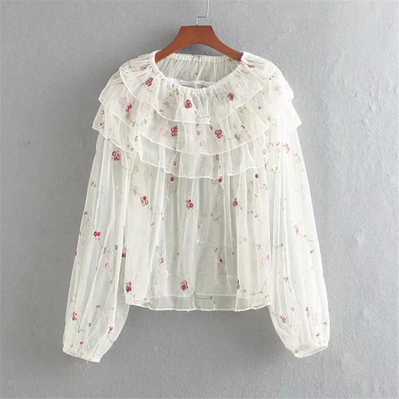 Automne doux broderie florale volants hauts femmes Blouses à manches longues voir à travers Sexy chemises Blusas Mujer 6 couleur 210430