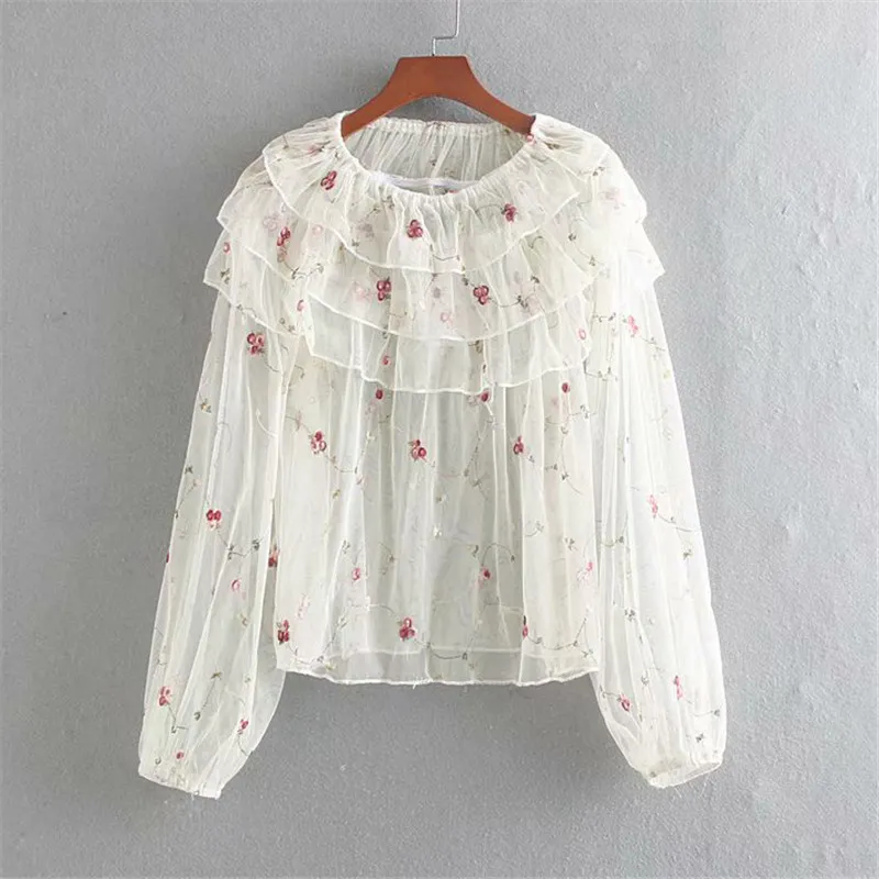 Autumn Sweet Floral Embroidery Ruffles Tops Women Blouses Long Sleeve See Through Sexy Shirts Blusas Mujer 210430
