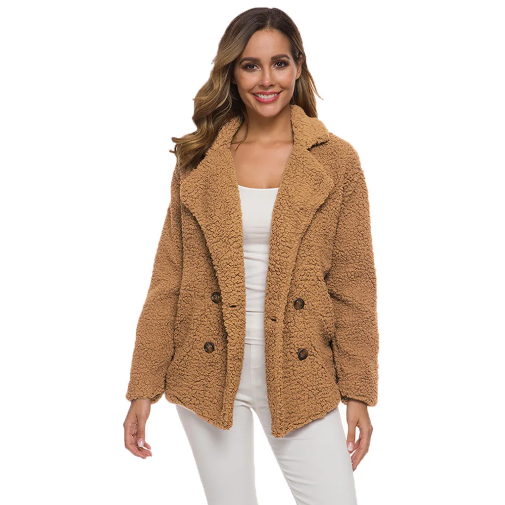 Casual Teddy Coat Donna Autunno Inverno Risvolto Doppiopetto Plus Size Giacca in pelliccia sintetica calda Donna Tasca allentata Peluche Outwear 210507